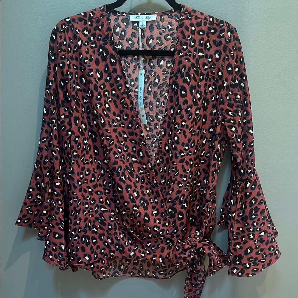 She + Sky Red Bell Sleeve Wrap Blouse